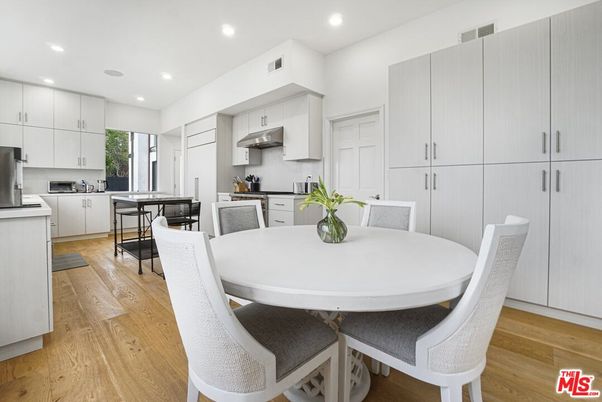 Dining room, Interior, Kitchen, Recessed Lighting, Stainless Steel Appliances, Wood Texture Flooring