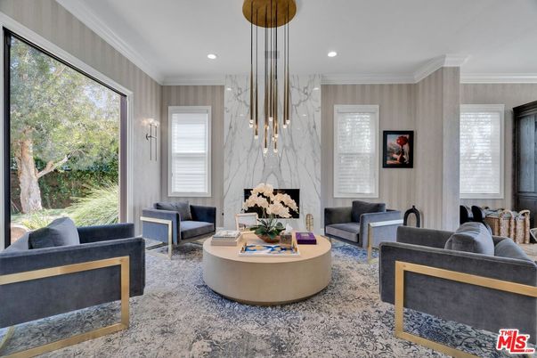 Fireplace, Interior, Living room, Marble Walls, Pendant Lights, Recessed Lighting