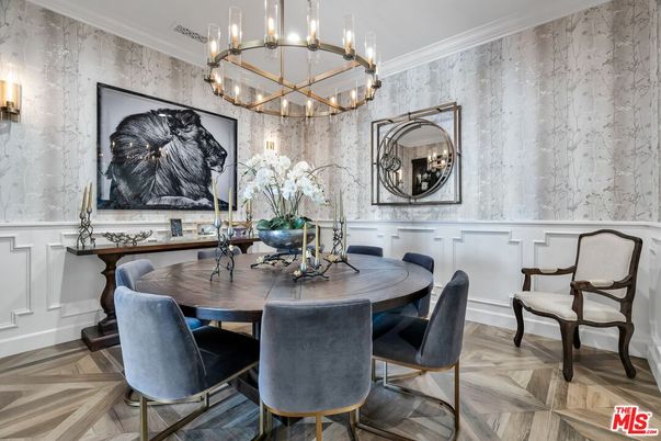 Chandelier, Dining room, Interior, Pendant Lights, Wood Texture Flooring