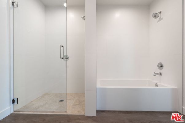 Bathroom, Glass Shower, Interior, Recessed Lighting, Wood Texture Flooring