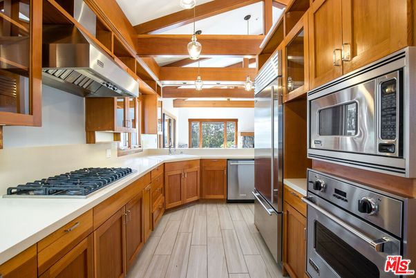 Interior, Kitchen, Pendant Lights, Stainless Steel Appliances, Wooden Beams, Wood Texture Flooring