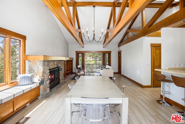 Chandelier, Dining room, Fireplace, Interior, Living room, Wooden Beams, Wood Texture Flooring