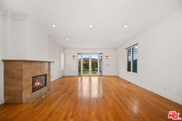 Empty room, Fireplace, Interior, Recessed Lighting, Wood Texture Flooring