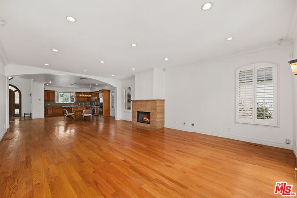 Dining room, Empty room, Fireplace, Interior, Kitchen, Pendant Lights, Recessed Lighting, Wood Texture Flooring