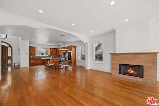 Fireplace, Interior, Kitchen, Pendant Lights, Recessed Lighting, Stainless Steel Appliances, Wood Texture Flooring