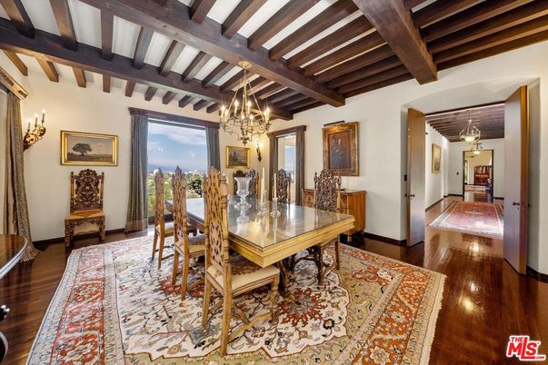 Chandelier, Dining room, Interior, Pendant Lights, Wooden Beams, Wood Texture Flooring