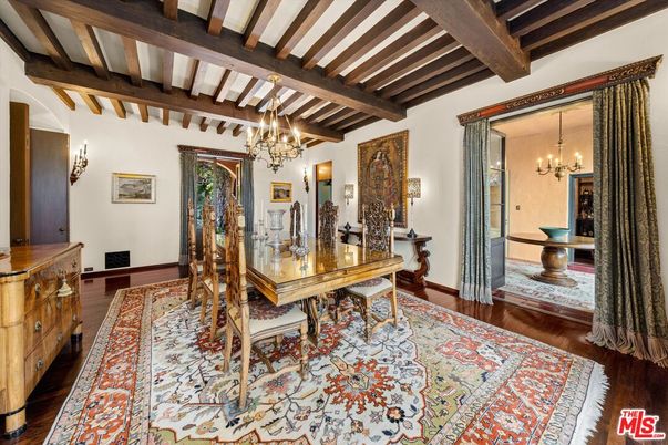 Chandelier, Dining room, Interior, Wooden Beams, Wood Texture Flooring