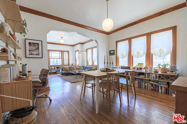 Dining room, Interior, Living room, Pendant Lights, Wood Texture Flooring