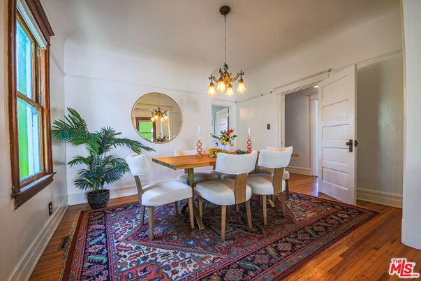 Dining room, Interior, Pendant Lights, Wood Texture Flooring
