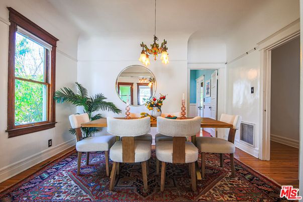 Dining room, Interior, Pendant Lights, Wood Texture Flooring