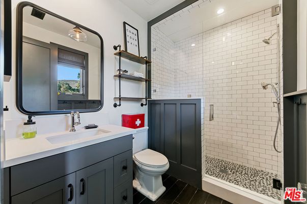 Bathroom, Glass Shower, Interior, Wood Texture Flooring