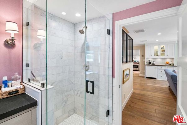 Bathroom, Glass Shower, Interior, Marble Walls, Recessed Lighting, Wood Texture Flooring