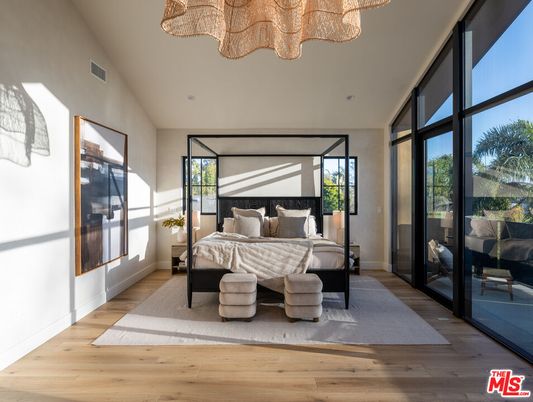 Bedroom, Chandelier, Interior, Wood Texture Flooring