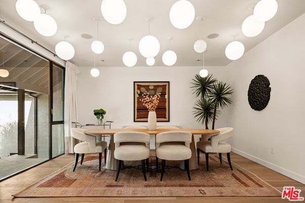 Dining room, Interior, Pendant Lights, Wood Texture Flooring