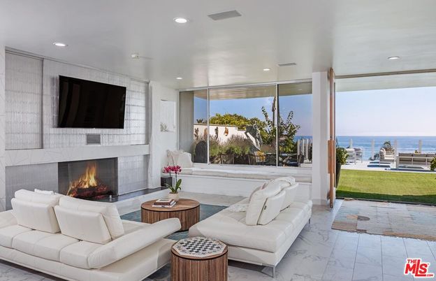 Fireplace, Interior, Living room, Marble, Recessed Lighting, Water
