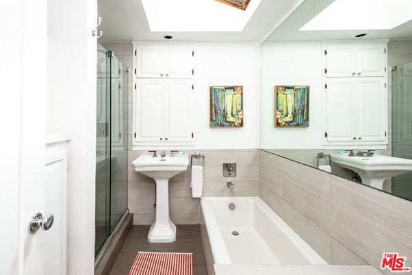 Bathroom, Dual Sink Vanities, Glass Shower, Interior, Recessed Lighting, Wood Texture Flooring