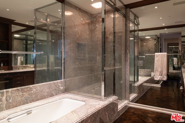 Bathroom, Glass Shower, Interior, Recessed Lighting, Wood Texture Flooring