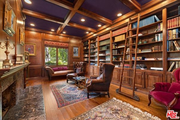Fireplace, Home Office, Interior, Recessed Lighting, Wooden Beams, Wooden Ceilings, Wood Texture Flooring, Wooden Walls
