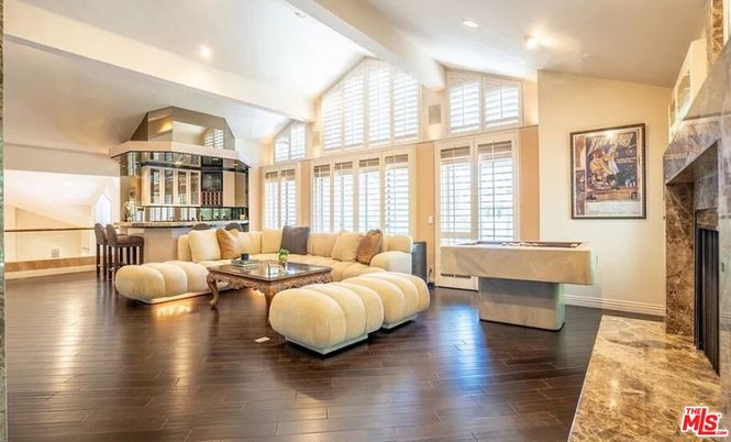 Billiard Table, Fireplace, Game Room, Interior, Living room, Recessed Lighting, Wood Texture Flooring