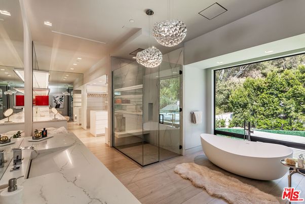 Bathroom, Free Standing Baths, Glass Shower, Interior, Pendant Lights, Recessed Lighting, Wood Texture Flooring
