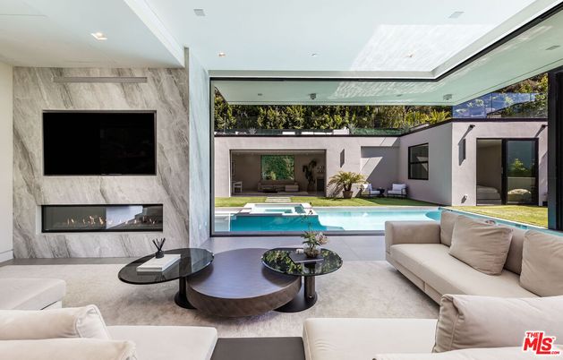 Fireplace, Interior, Living room, Pool, Recessed Lighting