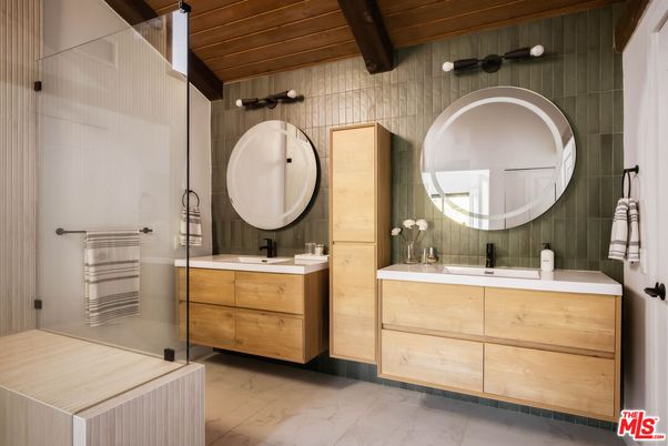 Bathroom, Dual Sink Vanities, Interior, Marble, Wooden Beams, Wooden Ceilings