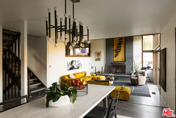 Fireplace, Interior, Living room, Pendant Lights, Recessed Lighting, Stone Walls, Wood Texture Flooring