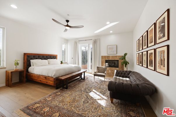 Bedroom, Fireplace, Interior, Recessed Lighting, Wood Texture Flooring