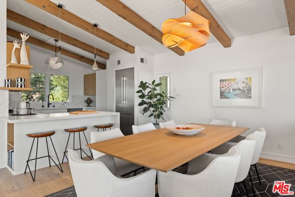 Dining room, Interior, Kitchen, Pendant Lights, Wooden Beams, Wood Texture Flooring