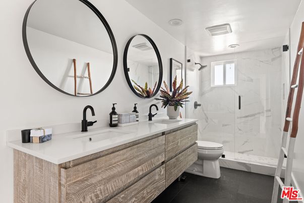 Bathroom, Dual Sink Vanities, Glass Shower, Interior, Marble Walls