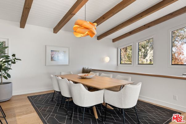 Dining room, Interior, Pendant Lights, Wooden Beams, Wood Texture Flooring