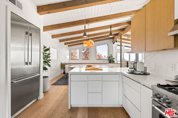 Interior, Kitchen, Pendant Lights, Stainless Steel Appliances, Wooden Beams, Wood Texture Flooring