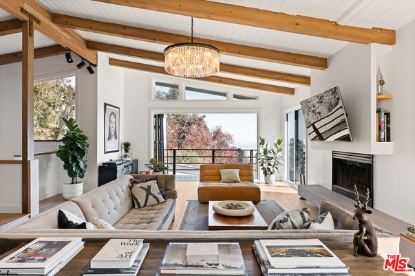Chandelier, Fireplace, Interior, Living room, Wooden Beams, Wood Texture Flooring