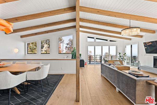 Dining room, Fireplace, Interior, Living room, Pendant Lights, Wooden Beams, Wood Texture Flooring
