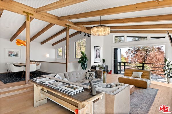 Dining room, Interior, Living room, Pendant Lights, Wooden Beams, Wood Texture Flooring