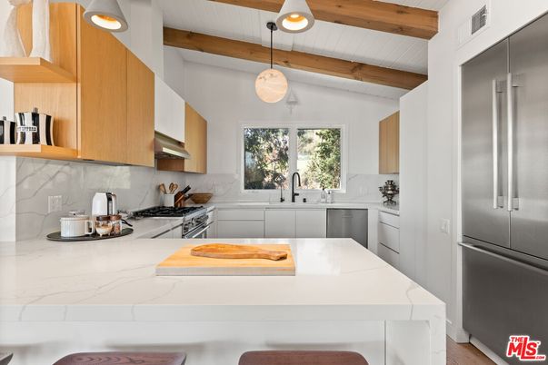 Interior, Kitchen, Pendant Lights, Stainless Steel Appliances, Wooden Beams, Wood Texture Flooring