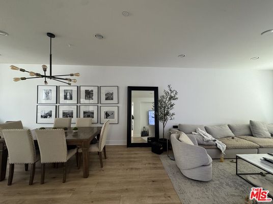 Dining room, Interior, Living room, Pendant Lights, Recessed Lighting, Wood Texture Flooring