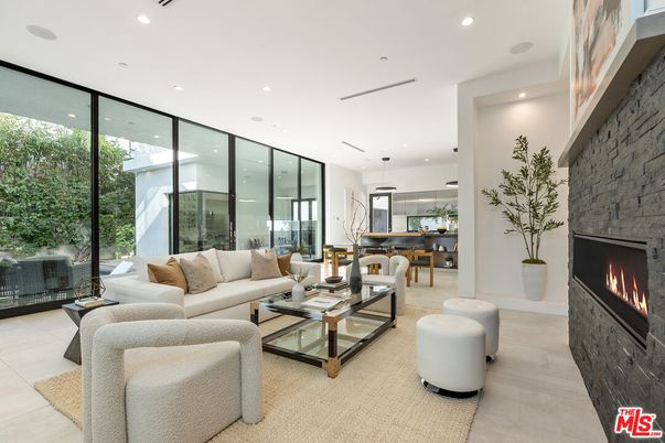 Fireplace, Interior, Kitchen, Living room, Pendant Lights, Recessed Lighting, Stone Walls