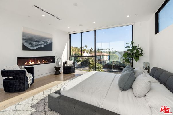 Bedroom, Fireplace, Interior, Recessed Lighting, Wood Texture Flooring