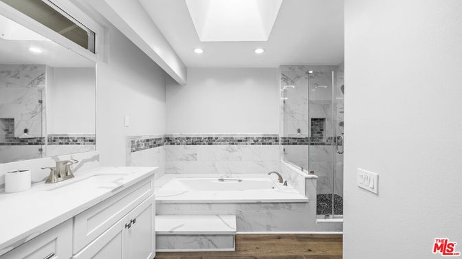 Bathroom, Glass Shower, Interior, Marble Walls, Recessed Lighting, Wood Texture Flooring