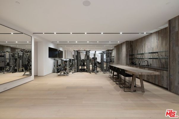 Fitness Equipment, Gym, Interior, Recessed Lighting, Wood Texture Flooring, Wooden Walls