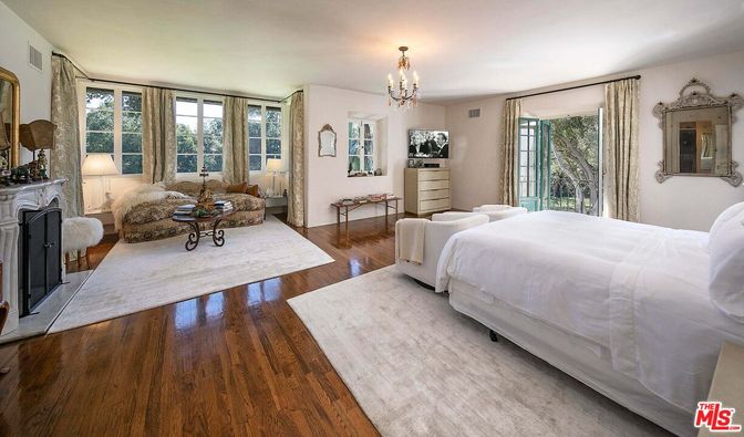 Bedroom, Chandelier, Fireplace, Interior, Wood Texture Flooring