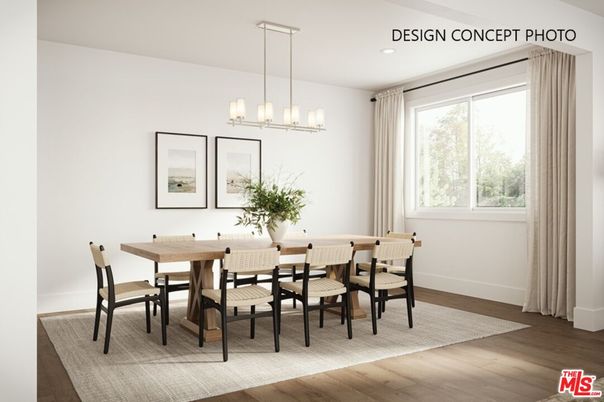 Dining room, Interior, Pendant Lights, Recessed Lighting, Wood Texture Flooring
