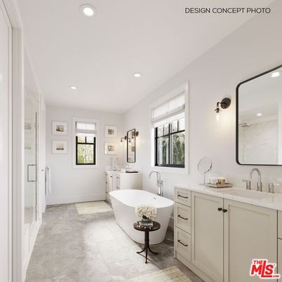 Bathroom, Dual Sink Vanities, Free Standing Baths, Interior, Marble, Marble Walls, Recessed Lighting