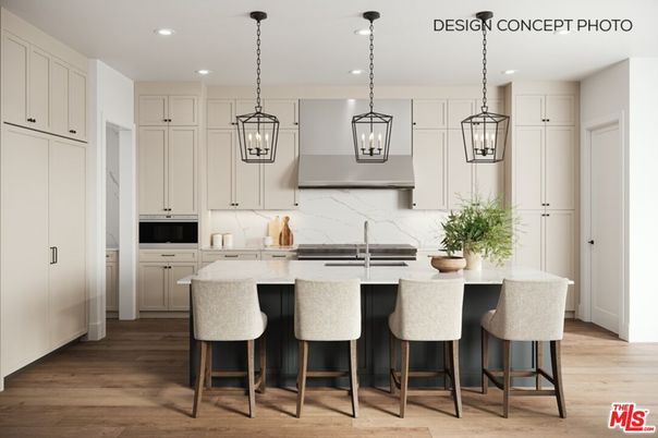 Interior, Kitchen, Marble Walls, Pendant Lights, Recessed Lighting, Stainless Steel Appliances, Wood Texture Flooring