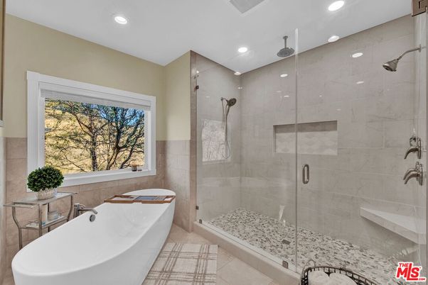 Bathroom, Free Standing Baths, Glass Shower, Interior, Marble Walls, Recessed Lighting