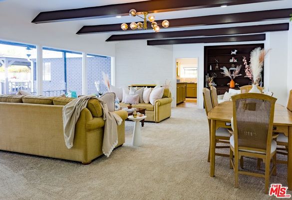 Dining room, Interior, Living room, Pendant Lights, Recessed Lighting, Stone Walls, Wooden Beams