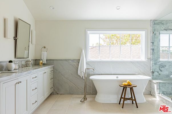 Bathroom, Free Standing Baths, Glass Shower, Interior, Marble Walls, Recessed Lighting