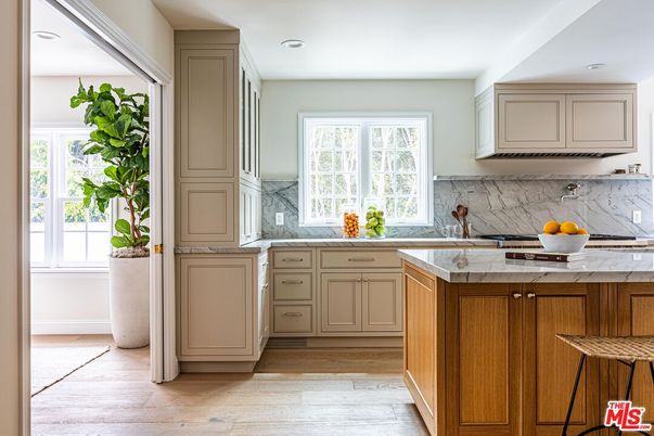 Interior, Kitchen, Marble Walls, Recessed Lighting, Wood Texture Flooring