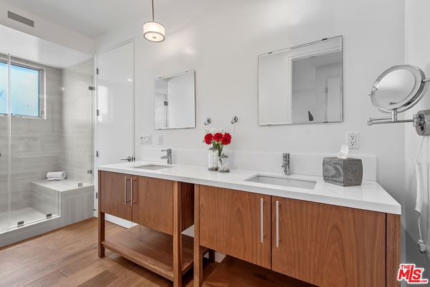 Bathroom, Dual Sink Vanities, Glass Shower, Interior, Wood Texture Flooring